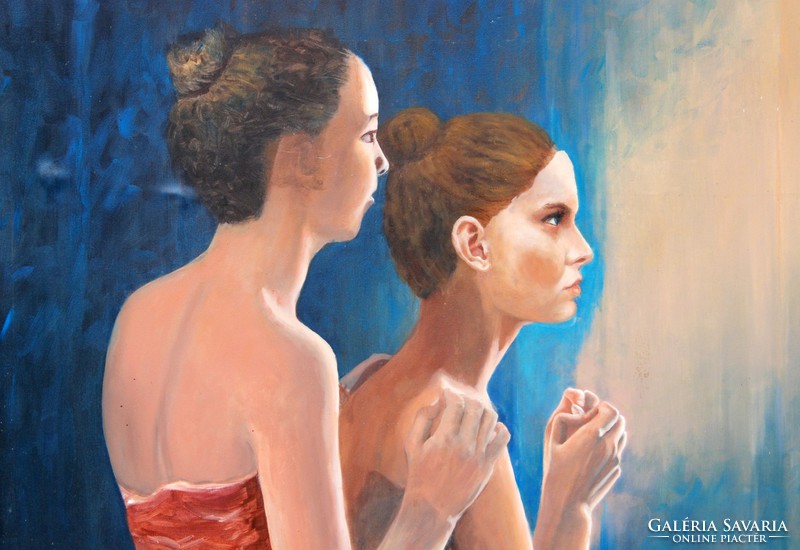 Contemporary Hungarian painter: ballerinas behind the scenes - large-scale oil-canvas painting, framed