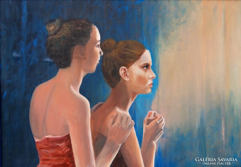 Contemporary Hungarian painter: ballerinas behind the scenes - large-scale oil-canvas painting, framed