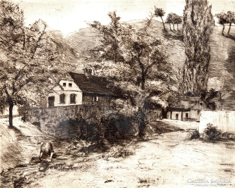 Tardos-Taussig Ármin (1874-1936): Ház a dombok között, 1903 - antik rézkarc, keretezve