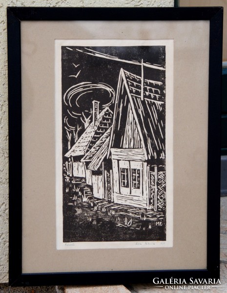 Éva Mikes: village chair, 1978 - linoleum engraving, framed