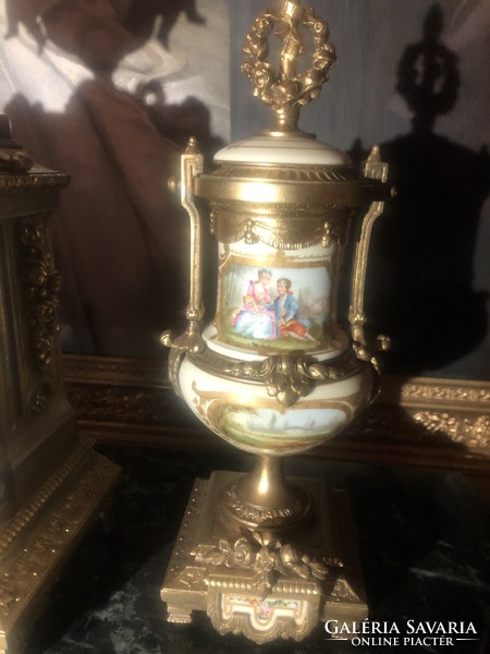 Francia Napoleon Sevres kandalló óra szett (Antik)