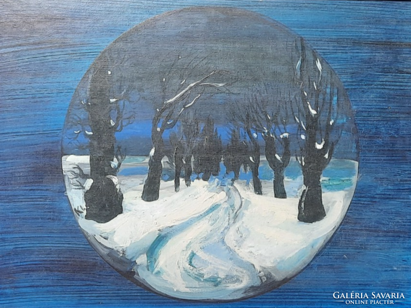 Imre Kéri: evening (framed oil painting) winter landscape, nature, circular painting