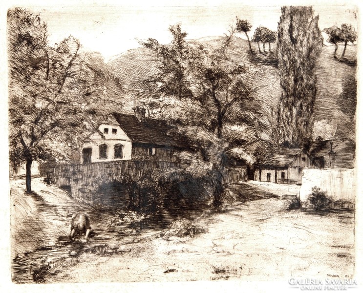 Tardos-Taussig Ármin (1874-1936): Ház a dombok között, 1903 - antik rézkarc, keretezve