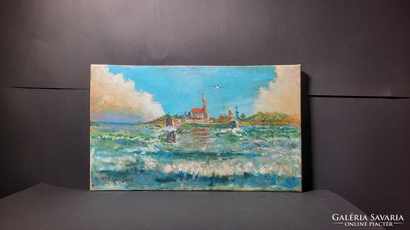 Impresszionista táj, azonosítatlan (olaj, vászon, 30x50 cm) tenger, vízparti táj épülettel, sziget