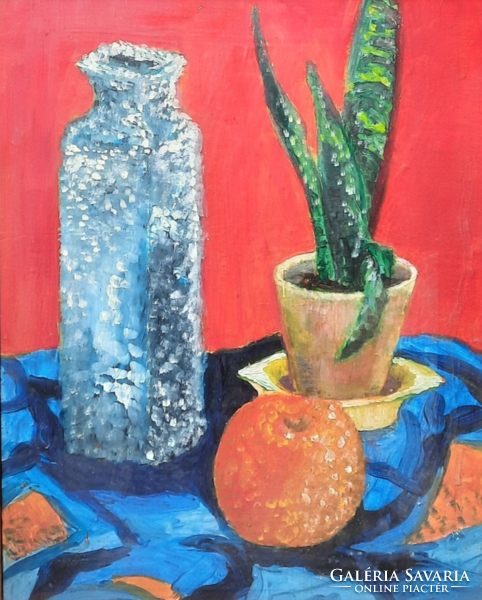 Still life with tiger leaves, glass and apple (oil, wood fiber, frame 50x40 cm) color table picture