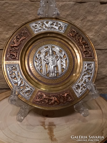 Indiai tányér-Antik-Thanjavur réz-ezüst betétek. 18cm