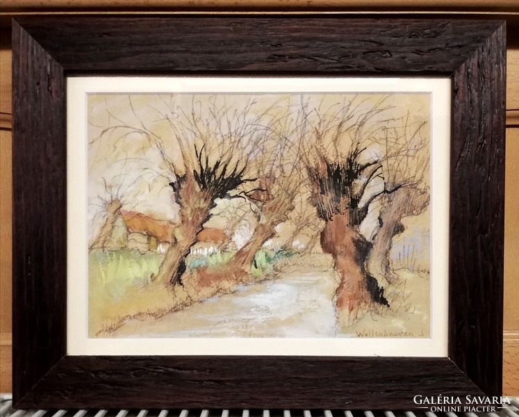 Riverside evoking spring (cf. 23.5 X 29.5, Watercolor and ink, in new frame, with glass plate)
