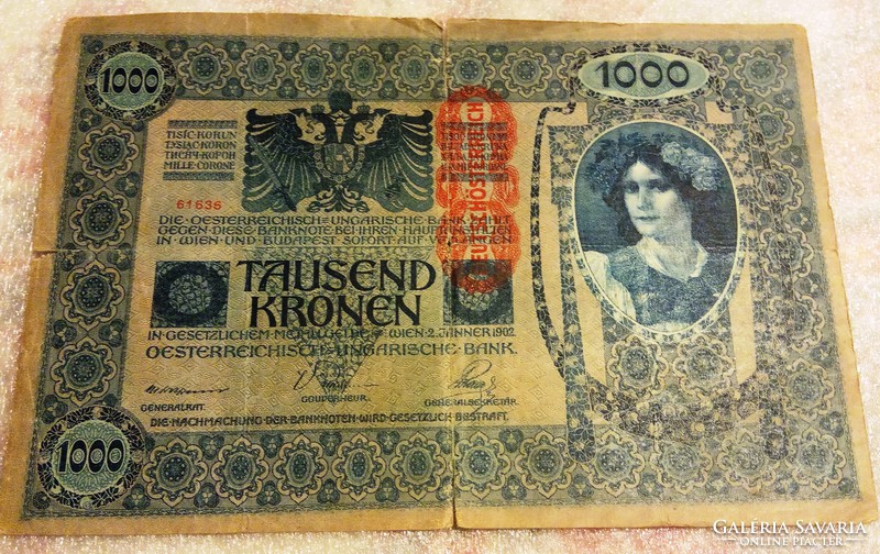 Osztrák-magyar bankjegy 1000 korona 1902 régi papírpénz-történelmi kereskedelmi érték, különlegesség