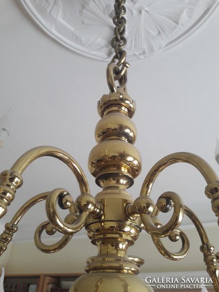 Antique brass chandelier with ten arms, Flemish style