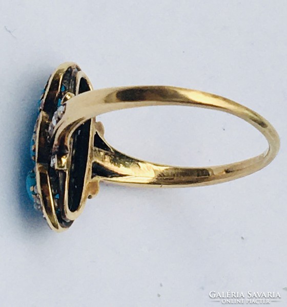 Antik Viktoriánus Arany Gyűrű Türkiz Gyémánt 50-es