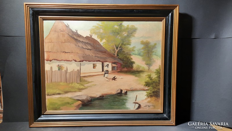 In the yard of a thatched house (framed, 50x65 cm, unidentified) village life, roosters, hens