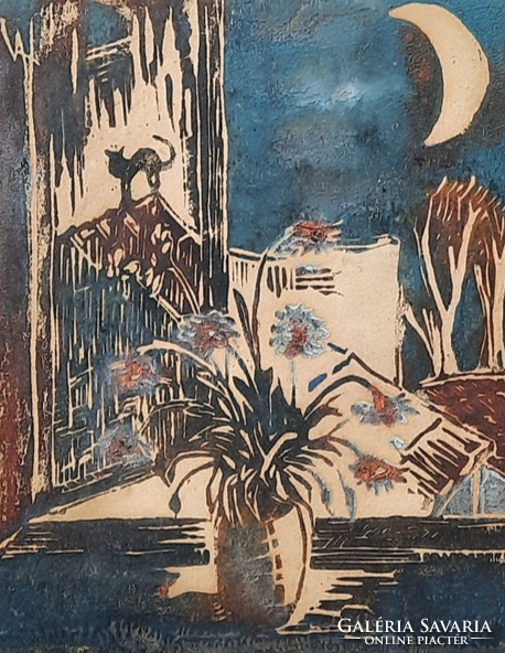 András Vince: still life in moonlight (linocut, 16x13 cm, miniature) flower in the window