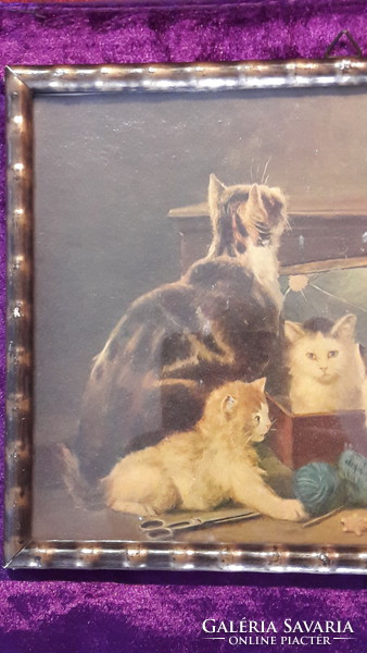 Antik cicás olajnyomat, macskás kép