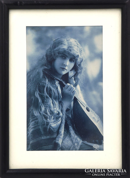 Antique French postcard framed. Young actress with lute. 1910s.