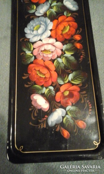 Tk Antik 44 x15.5 -cm zománc festett  magasfényű virág díszes falra is akasztható tálca ritkaság