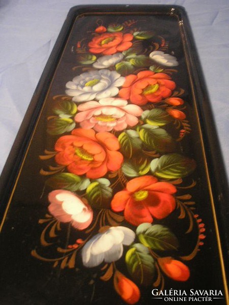 Tk Antik 44 x15.5 -cm zománc festett  magasfényű virág díszes falra is akasztható tálca ritkaság