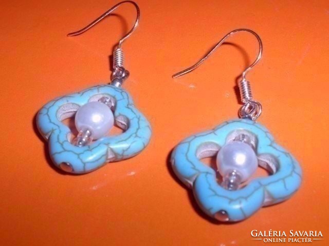 Turquoise mineral flower- off-white pearl earrings