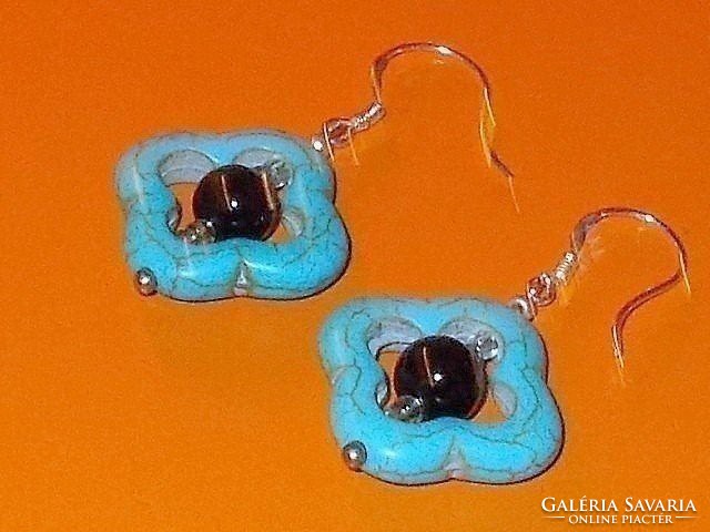 Turquoise mineral flower earrings with night black pearls