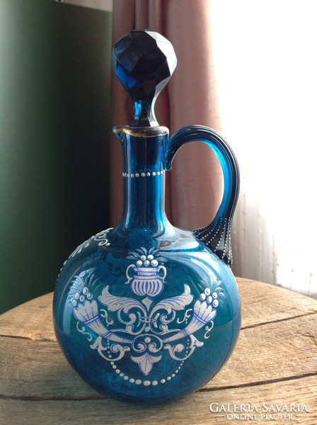 Antique handmade glass jug with stopper, enamel painted