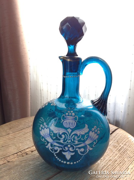 Antique handmade glass jug with stopper, enamel painted