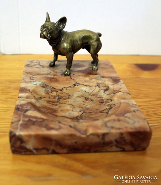 Old marble ashtray with copper french bulldog