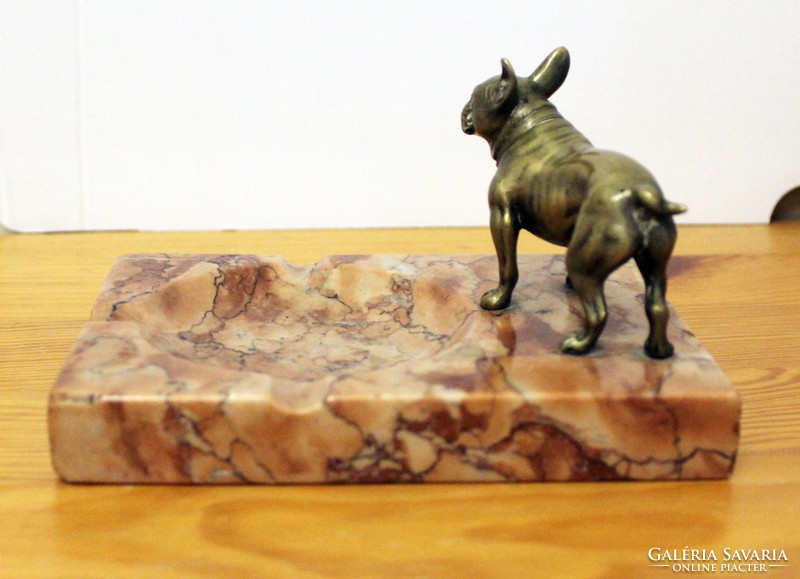 Old marble ashtray with copper french bulldog