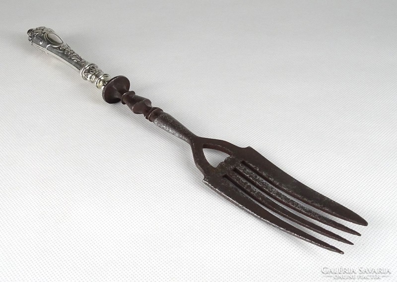 1G766 antique silver handle wrought iron meat fork mid 1800s 31 cm