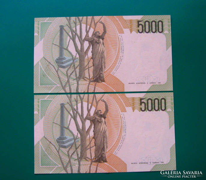 5 000 ₤ - Olasz lira - 2 db sorkövető - bankjegy - 1985 - Vincenzo Bellini