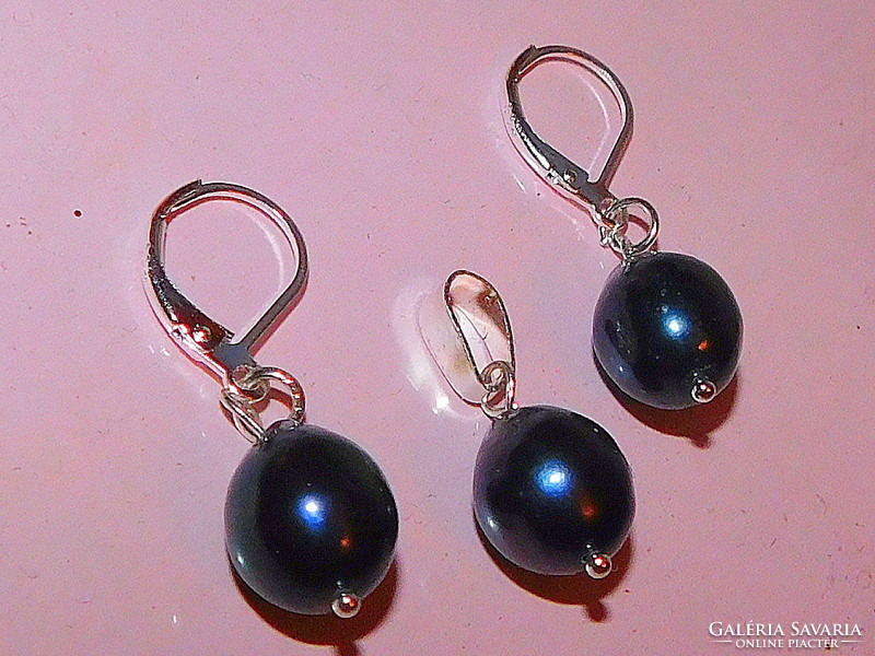 Night black tahitian drop real pearl earrings and pendant set