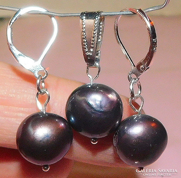 Black akoya genuine pearl earrings and pendant set