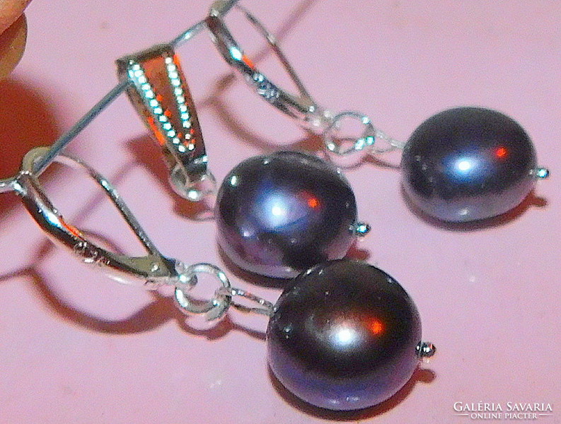 Black akoya genuine pearl earrings and pendant set