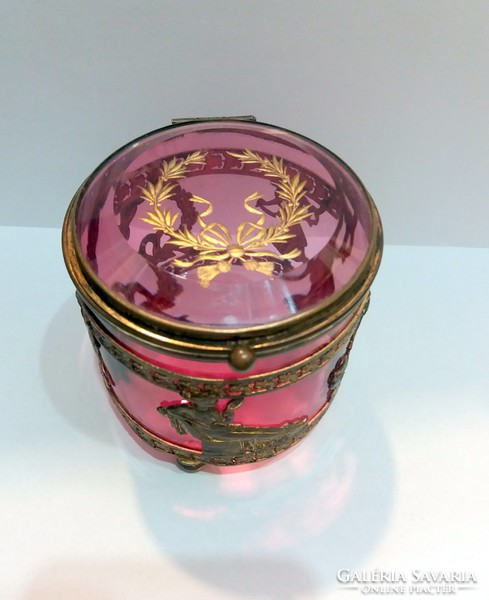 Francia empire rózsaszín csiszolt üveg doboz fém montírral