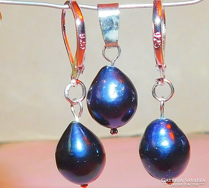 Night black tahitian drop real pearl earrings and pendant set