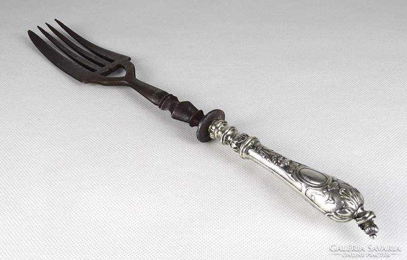 1G766 antique silver handle wrought iron meat fork mid 1800s 31 cm