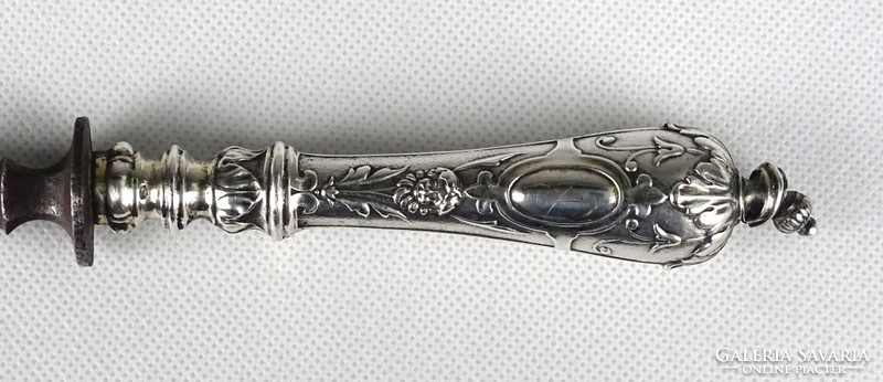 1G766 Antik ezüst nyelű kovácsoltvas hússzedő villa 1800-as évek közepe 31 cm