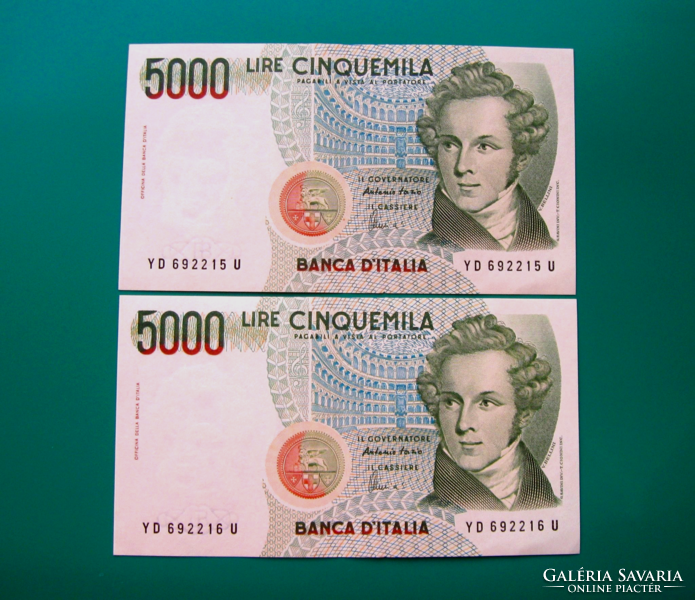 5 000 ₤ - Olasz lira - 2 db sorkövető - bankjegy - 1985 - Vincenzo Bellini