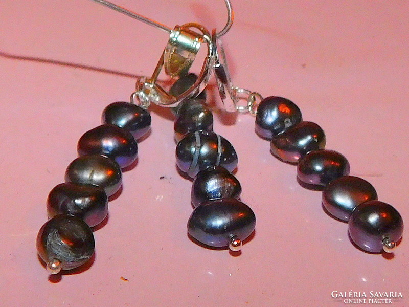 Tahiti night black real pearl earrings and pendant set