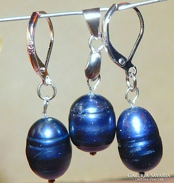 Night black Japanese biwa genuine pearl earrings and pendant set