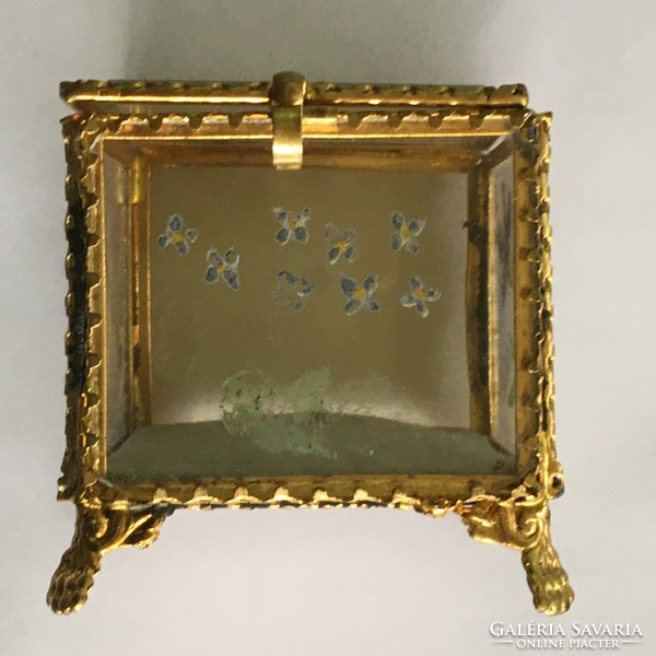 Antik Festett Üveg Aranyozott Réz Ékszertartó Doboz