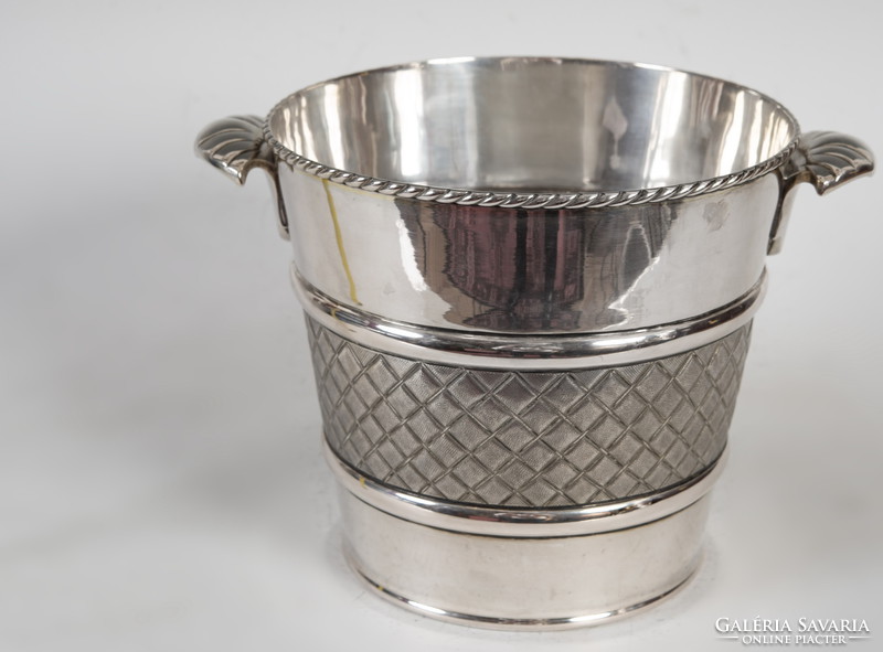 Silver champagne bucket with stylized shell pliers