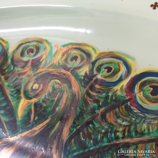 Large custom-made peacock serving, roasted porcelain bowl. Tray.81.5 Cm.