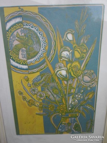 Colorful linocut of Józsa János (1936-2016) entitled Flowers. In the frame, signed.