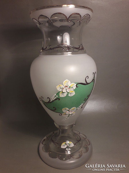 AKCIÓS ÁR! POMPÁS AJÁNDÉK TÁRGY! Antik régi plasztikus virágos festett üveg váza nagy méretű