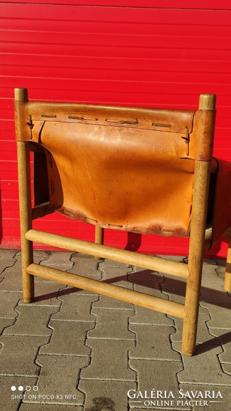 Mid Century Skandináv design fa + bőr karos szék fotel 2 darab
