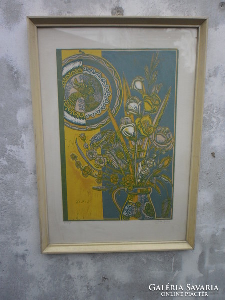 Colorful linocut of Józsa János (1936-2016) entitled Flowers. In the frame, signed.