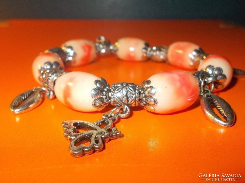 Marbled pearl Tibetan silver bracelet - pandora nature