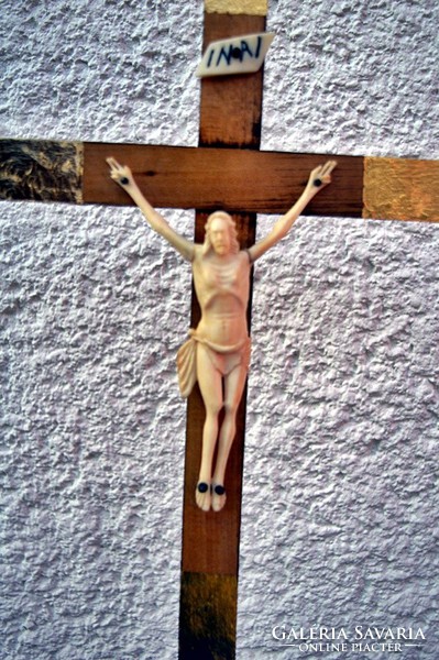 IB. 17. Antik, CSONT Jézus Krisztus 10.5 cm,  39 cm-es talpas feszület, kereszt, korpusz.1780.