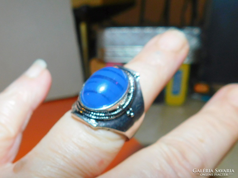 Lápisz Lazulit köves Tibeti Ezüst tekintélyes Gyűrű 8-as