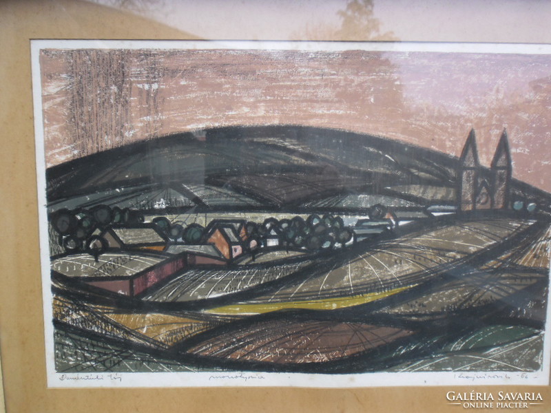 Henrik Krajcsirovits (Monotype 1919-2007 Transdanubia Landscape, with frame. István Csók Prize winner