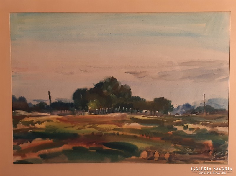 Dóső Bóka: evening landscape - watercolor